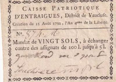 France 20 sols - Caisse patriotique d\'Entraigues, District de Vaucluse - 1792 - n�874