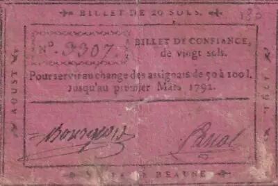 France 20 Sols - C�te d\'Or - Ville de Beaune - Ao�t 1791