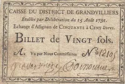France 20 sols - Oise - Caisse du district de Grandvilliers - 1792 - Class� R5 au Kolsky