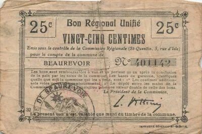 France 25 Centimes - Bon R�gional Unifi� - Commune de Beaurevoir