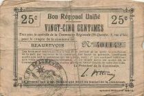 France 25 Centimes - Bon R&eacute;gional Unifi&eacute; - Commune de Beaurevoir