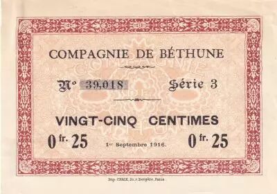 France 25 centimes - Compagnie de B�thune - 01-09-1916 - S�rie 3