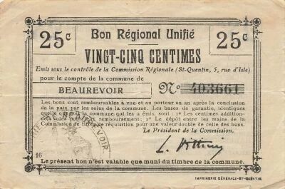 France 25 Centimes - Unified Regional Bill - City of Beaurevoir