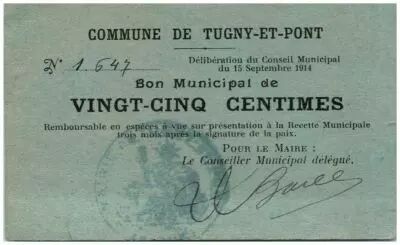 France 25 Centimes Tugny-Et-Pont City - 1914