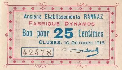 France 25 Cents - Anciens Etablissements Rannaz - Fabrique Dynamos - Cluses - 1916 - P.74-20