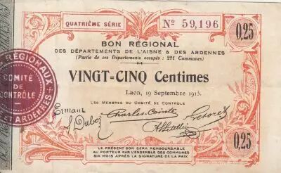France 25 Cents - Laon - Regional Coupon  - 19-09-1915 - Fourth serial