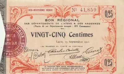 France 25 Cents - Laon - Regional Coupon  - 19-09-1915 - Fourth serial