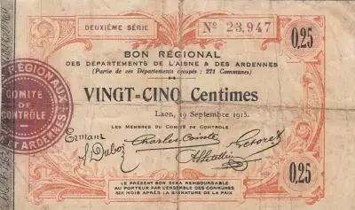 France 25 Cents - Laon - Regional Coupon  - 19-09-1915 - Fourth serial