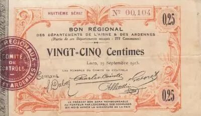France 25 Cents - Laon - Regional Coupon  - 19-09-1915 - Fourth serial