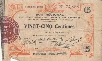 France 25 Cents - Laon - Regional Coupon  - 19-09-1915 - Fourth serial