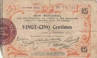France 25 Cents - Laon - Regional Coupon  - 19-09-1915 - Fourth serial