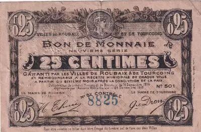 France 25 Cents - Ville - Roubaix-Tourcoing - 16-12-1916 - 9�me s�rie