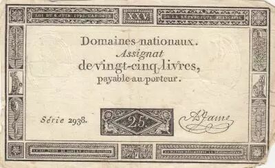 France 25 Livres - Black print - 06-06-1793 - Sign. Jame - Serial 2938