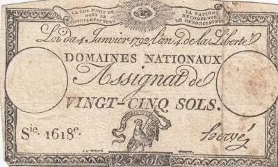 France 25 Sols - Rooster and eye  - 04-01-1792 - Sign. Herv� - various serial - P. A.55