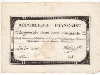 France 250 Livres 7 Vendemiaire An II - 28.9.1793 - Sign.  Nadal - VF+
