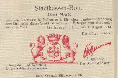 France 3 Marks Mulhouse Not issued - 03-08-1914 - WWI