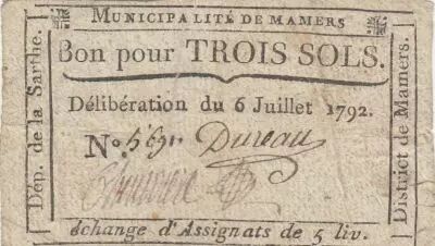 France 3 sols - Sarthe - Municipalit� de Mamers - R4 au Kolsky - 06-07-1792