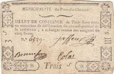France 3 sous - Puy de d�me - Municipalit� de Pont du ch�teau - 1792