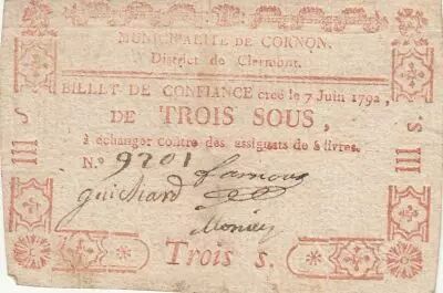 France 3 sous - Puy de d�me - Municipality of Connon - 1792