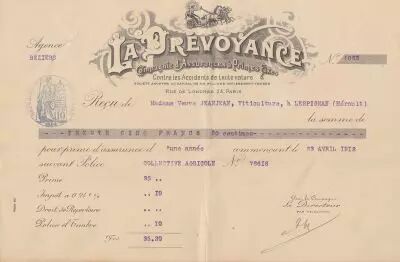 France 35.20 francs - Re�u de ch�que de banque - La pr�voyance - 1912