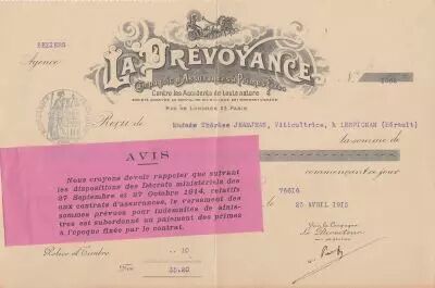 France 35.20 francs - Re�u de ch�que de banque - La pr�voyance - 1915