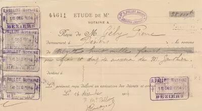 France 38 000 francs - Re�u de ch�que de banque - R.Pallot notaire - 1914