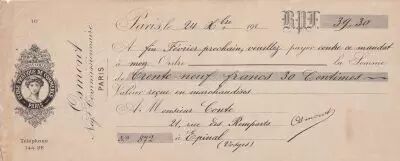 France 39.30 francs - Bank cheque receipt - �cole pratique de commerce - 1912