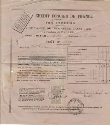France 474 francs - Re�u de ch�que de banque - Cr�dit foncier de france - 1903