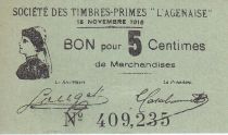 France 5 cent. Agen Sté Timbres Primes L´Agenaise
