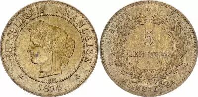 France 5 Centimes, C�res - 1874 petit K