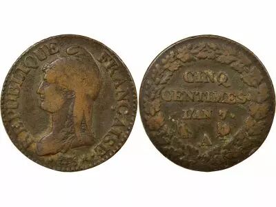 France 5 Centimes, Dupr� - Year 7/5, A Paris, Rooster / Horn