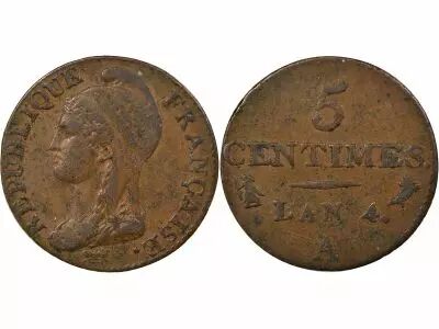 France 5 Centimes, Dupr�, Small diameter - Year 4 A Paris