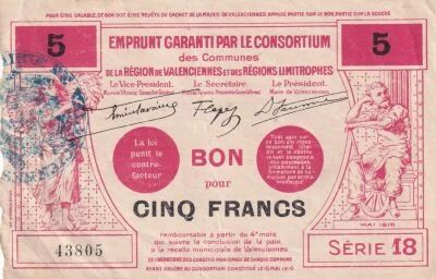 France 5-Franc Emergency Note - May 1916 - Valenciennes - Series 18
