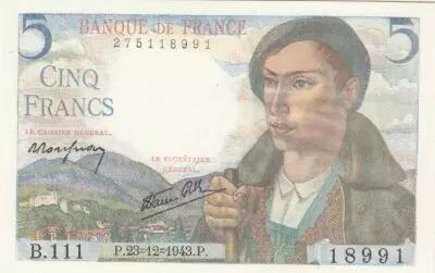 France 5 Francs -  Berger - 23-12-1943 - S�rie B.111