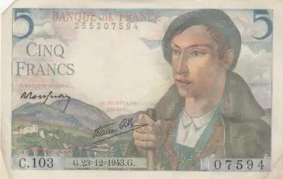 France 5 Francs -  Berger - 23-12-1943 - S�rie C.103