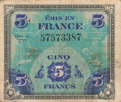 France 5 Francs - Allied Military Currency - 1944 - No Serial