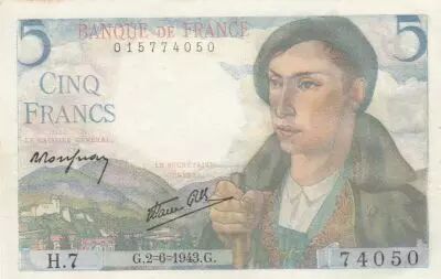 France 5 Francs - Berger - 02-06-1943 - S�rie H.7