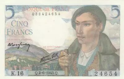 France 5 Francs - Berger - 02-06-1943 - S�rie K.16