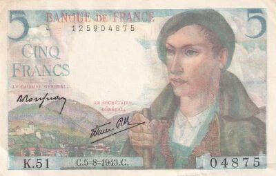 France 5 Francs - Berger - 05-08-1943 - S�rie K.51