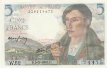 France 5 Francs - Berger - 05-08-1943 - S&eacute;rie W.52