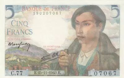 France 5 Francs - Berger - 25-11-1943 - S�rie C.77