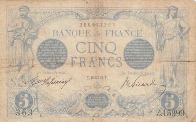 France 5 Francs - Blue - 10/01/1917 - Series Z.15999