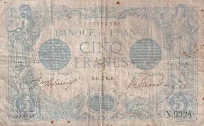 France 5 Francs - Blue - 15-12-1915 - Serial N.9324 - F - P.70