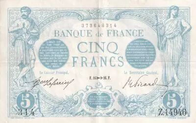 France 5 Francs - Blue - 1916 - Serial Z.14946 - P.70