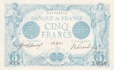 France 5 Francs - Blue - 29-12-1915 - Serial Z.9549 - P.70