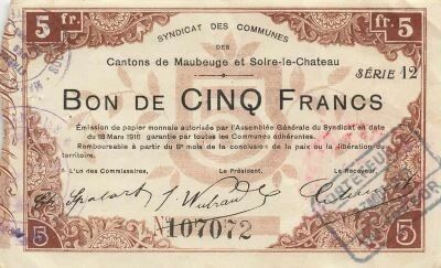 France 5 Francs - Cantons de Maubeuge et Solre-le-Chateau - 18-03-1916