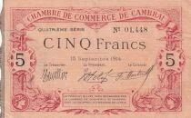 France 5 Francs - Chamber of Commerce Cambrai  - 15-09-1914 - 4&egrave;me S&eacute;rie