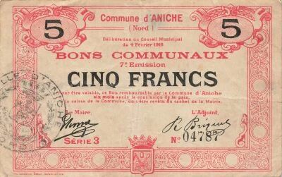 France 5 Francs - City of Aniche - 04-02-1916 - Serial 3