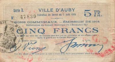 France 5 Francs - City of Auby - 05-12-1914 - Serial B