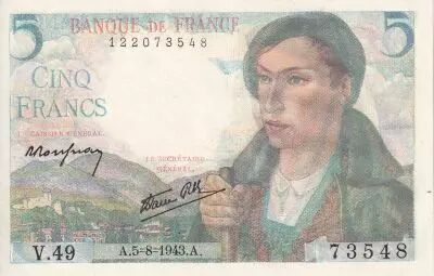 France 5 Francs - Farmer - 1943 - Serial V.49 - UNC - P.98